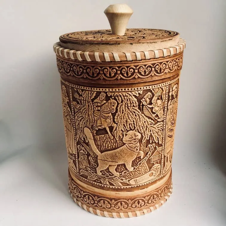 Vorratsdose Serie MÄRCHEN Kunsthandwerk aus Sibirien 2 birkenrindedose puschkin maerchen-min